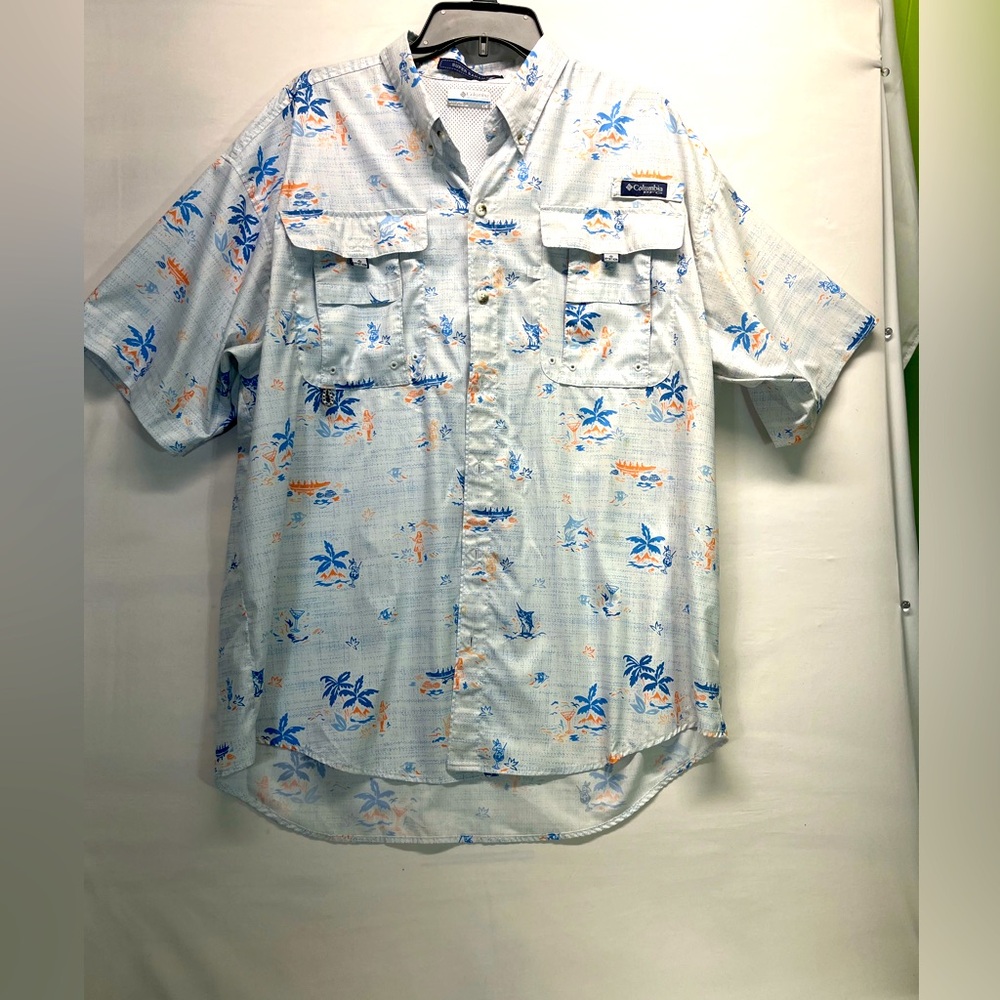 COLUMBIA PFG VENTED TROPICAL PRINT BUTTON DOWN SHIRT L BLUE/ORANGE PREOWNED